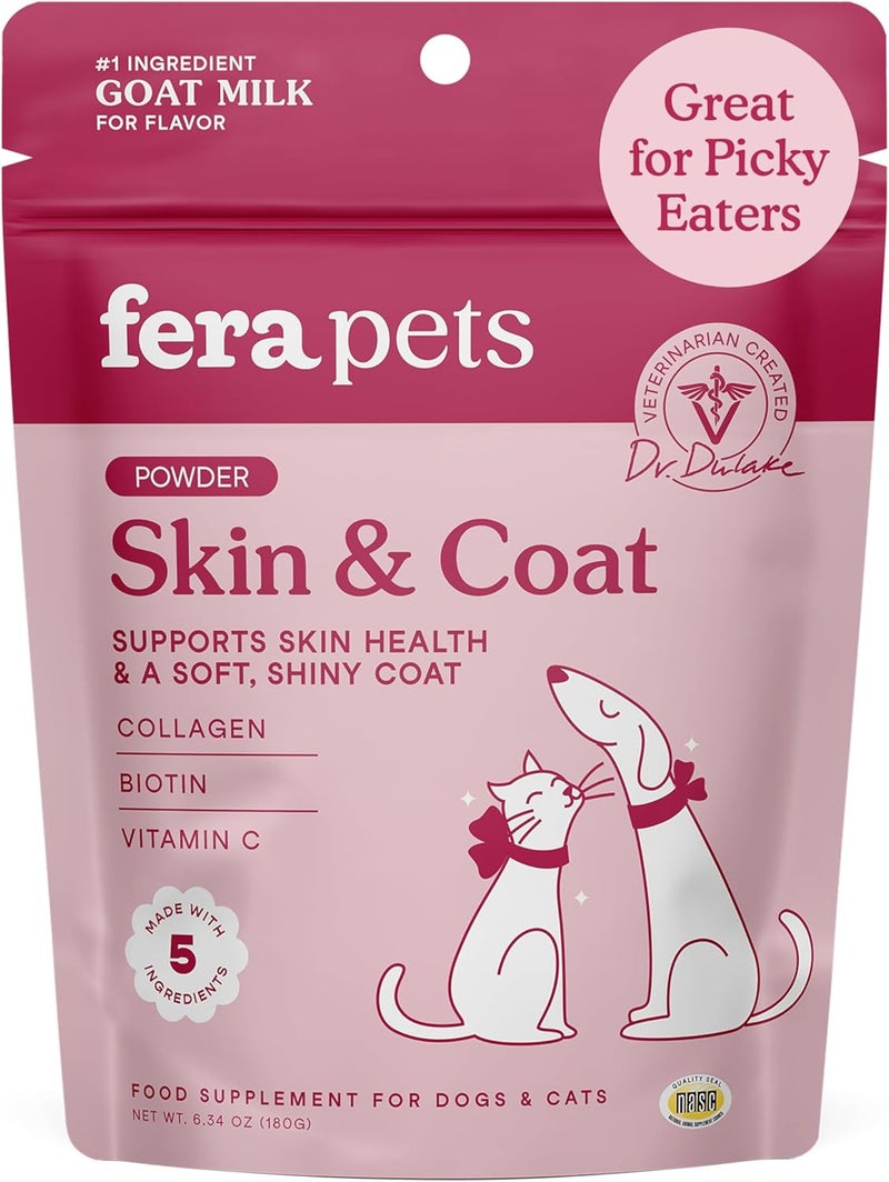 Fera Pets Goat Milk Topper - Cat & Dog Skin and Coat Supplement with Collagen, Biotin & Vitamin C - Helps Maintain Normal Skin Moisture - Promotes a Shiny Coat - for Picky Eaters - 60 TSP - Image 1